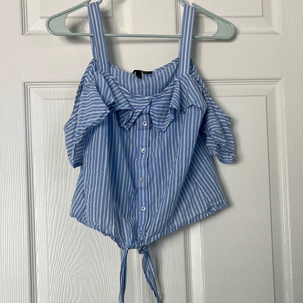 PAIGE Blue and White Striped Off the Shoulder Tie Front Tank